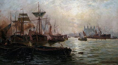 Charles John De Lacy : Shipping on the Thames, with the Tower beyond