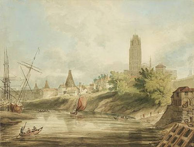 William Alfred Delamotte : Bristol Cathedral from the Floating Harbour; St Mary Redcliffe from the River Avon, a pair