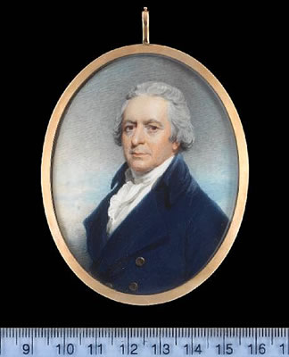 John Wright : A Gentleman, wearing blue coat with brass buttons, white waistcoat and frilled chemise, his hair powdered