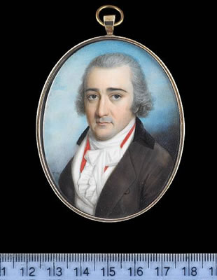 Thomas Hazlehurst : A Gentleman, wearing brown coat with black collar, white waistcoat, frilled chemise, red solitaire and tied cravat, his hair powdered.