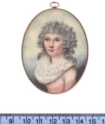 Joseph Bowring : A Lady, wearing pink dress with white frilled fichu, a strand of pearls in her curled, powdered hair.