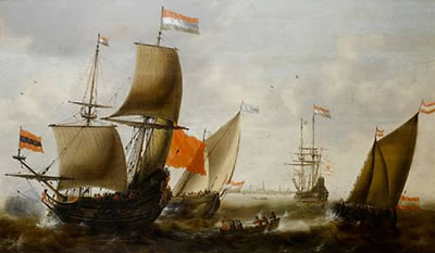 Jacob Adriaensz Bellevois : Dutch shipping in choppy seas off the coast of Amsterdam