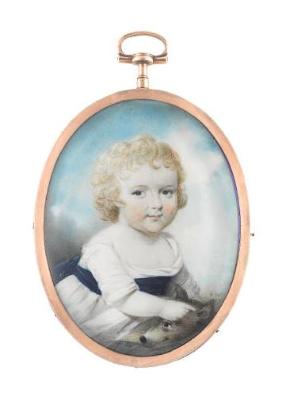 Patrick McMoreland : The Reverend J.H.P. Blackburne as a child, wearing white dress and blue sash, stroking a small dog.