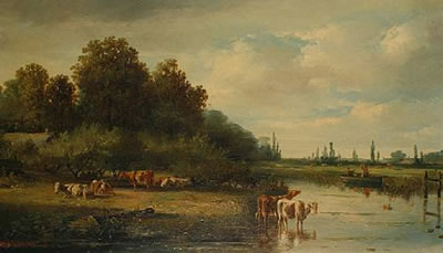 Hermanus Jan Hendrik Rijkelijkhuysen : Cattle watering, a pair