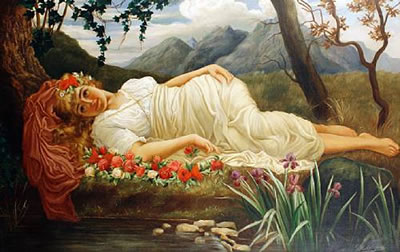 Herbert Blande Sparks : Portrait of a classical beauty on a bed of roses before a pond