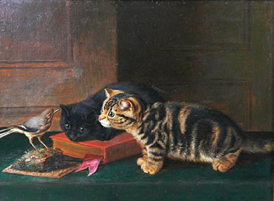 Horatio Henry Couldery : Two curious kittens and a chaffinch