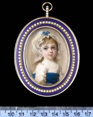 Abraham Daniel : A child, traditionally called Princess Charlotte Augusta, wearing white dress with wide blue sash and frilled white bonnet tied with blue ribbon bow.