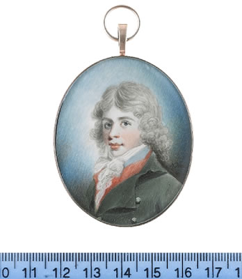 Nathaniel Freese : A young Gentleman, wearing green coat, red waistcoat and sky blue solitaire, white chemise, lace cravat and stock, his hair powdered.