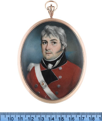 Joseph Pastorini : An Officer of an Auxiliary Infantry, wearing red coat with white piping to the black facings and standing collar, silver buttons, white epaulette, white cross belt with oval gilt-metal belt plate, white frilled chemise and black stock.