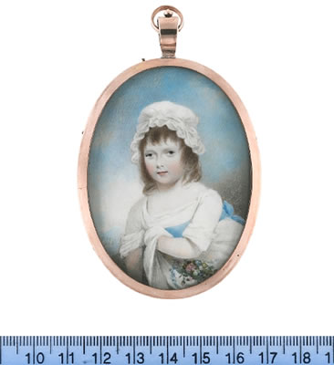 Patrick McMoreland : Harriet Blackburne (b.1794), wearing white dress, sky blue sash and white bonnet, a posy of flowers in her pinafore, which she holds to her chest with her left hand.