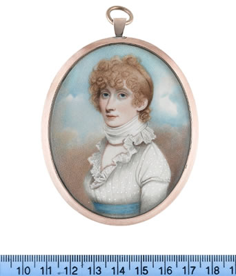 Charles Jagger : A Lady, wearing white dress with frilled lace collar, sky blue sash, a white neck scarf tied tightly around her neck, her blonde hair upswept and curled.