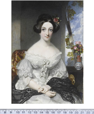 Cornelius Bevis Durham : A Lady, seated in an interior before a window, wearing white dress with lace trim and tiered lace sleeves, folded detailing at the bust