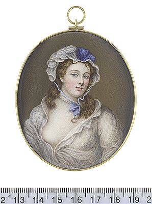 William Bate : A Lady, wearing open white linen chemise, a strand of pearls about her neck, her brown hair worn loose beneath a white lace mob cap dressed with blue ribbon and fastened beneath her chin