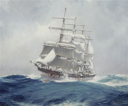 John Jack Robert Charles Spurling : The four-masted wool clipper Port Jackson cutting through a heavy swell under reefed topsails