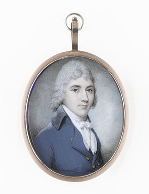 Charles Hayter : A Gentleman, wearing blue double-breasted coat with black collar, white waistcoat, chemise, stock and tied cravat, his hair powdered