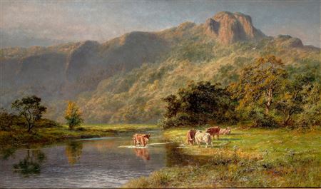 Robert Gallon : Cattle watering in a Highland landscape