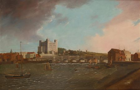 Daniel Turner : A view of the Medway at Rochester, the old bridge dwarfed by the ancient keep of the castle looming over the town