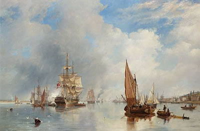 John Wilson Carmichael : On the Thames at Woolwich, with the 'Buckinghamshire' Indiaman going down the river