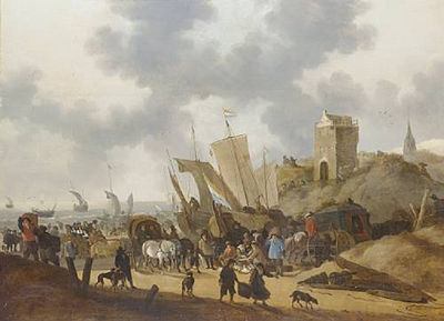 Hendrick Meyer : The beach at Scheveningen with fishermen unloading their catch and shipping beyond