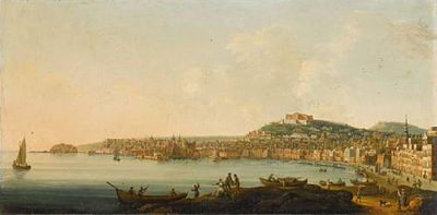 Pietro Antoniani : Naples from the Marinella with the Castel dell'Ovo, the Castel Nuovo and the Certosa di San Martino