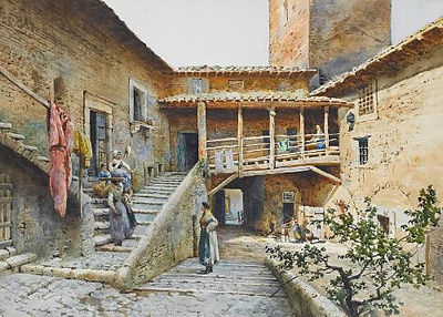 Ettore Roesler Franz : The courtyard of the Anguillara Palace in Trastevere, Rome