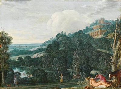 Johann Konig : An extensive landscape with The Good Samaritan