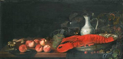 Abraham Pietersz van Calraet : Shells and peaches on a draped table with a silver charger, a lobster in a blue wan-li kraak bowl surrounded by grapes, a roemer and wine jug behind