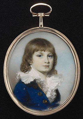 George Engleheart : A boy, wearing royal blue coat with large brass buttons, cream waistcoat and white chemise with frilled wide collar