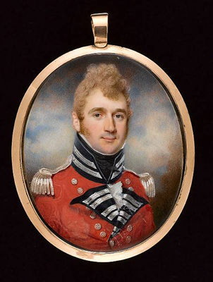 Charles Jagger : An Officer, wearing scarlet coatee with blue facings, silver lace, buttons and epaulettes, frilled white chemise and black stock