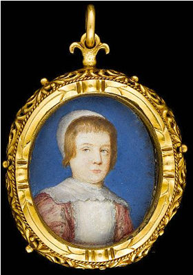 Alexander Cooper : Two portraits of children: a boy, wearing pink doublet, white bib, collar and cap; a girl, wearing white dress, pink open-robe with white collar, pendent pearl from a jewelled brooch, pearl necklace and pearls in her hair