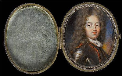 Jacques Antoine Arlaud : A young Gentleman, wearing gold-studded armour, the scarlet lining trimmed with gold, white jabot and full-bottomed powdered wig