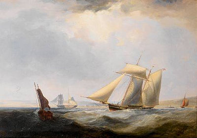 James Harris Sen : A topsail schooner off Swansea, with a small trader emerging from the harbour entrance