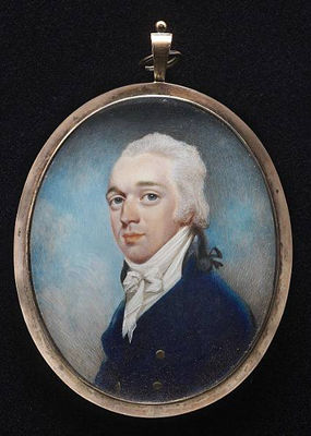 John Thomas Barber Beaumont : A Gentleman, called George Stringer of Whitfield (1767-1839), wearing blue coat with black collar, white waistcoat and tied cravat, his hair powdered and worn en queue with a black ribbon bow