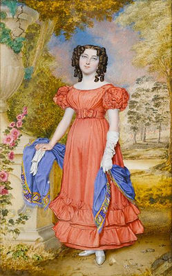 Walter Stephens Lethbridge : A Lady, full-length, wearing salmon-coloured dress with puffed sleeves and flounced skirt, ivory satin slippers, a blue shawl with yellow and green border around her waist, her long brown hair worn in ringlets, a white elbow-length glove on her left hand