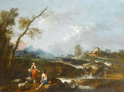 Giuseppe Zais : A river landscape with pastoral figures and a flock in the foreground, an Italian village in the background