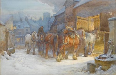 Charles James Adams : Horses being led to their stables at dusk