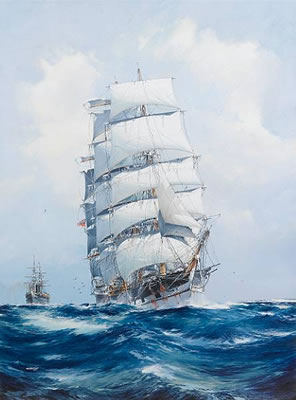 John Jack Robert Charles Spurling : The square-rigged wool clipper Argonaut under full sail and running before the wind, with the P.& O. steamer Mooltan in her wake astern