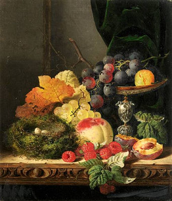 Edward Ladell : Still life with fruit, leaves and a bird's nest on a ledge; Still life with fruit, leaves and a glass of wine on a ledge