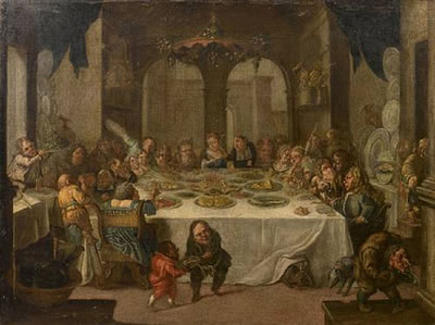 Faustino Bocchi : A PLACE INTERIOR WITH FIGURES FEASTING