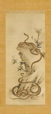 Mori Sosen : Kakejiku (depicting five writhing snakes on a craggy rock)