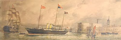 William Edward Atkins : The royal yacht Victoria & Albert (II), with Queen Victoria aboard, departing from Portsmouth Harbour