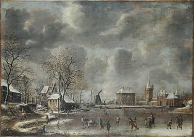 Jan Abrahamsz Beerstraten : A winter landscape with figures skating and playing kolf on a frozen river at the edge of a town