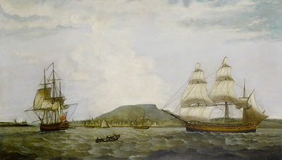 Thomas Luny : The three-masted English merchantman Integrity in two positions in the Saint Lawrence River arriving at Montreal