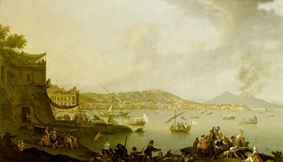 Pietro Fabris : A view of the Bay of Naples from Posillipo looking south with the Palazzo Donn'Anna, the Castel dell'Ovo and Vesuvius beyond