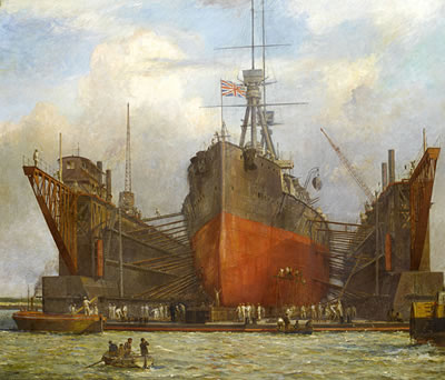 Bernard Finegan Gribble : Dreadnought Class Battleship in a floating dry dock, Portsmouth