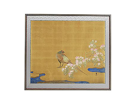 Kimura Buzan : A solitary pheasant beside flowering azalea growing beside a stream