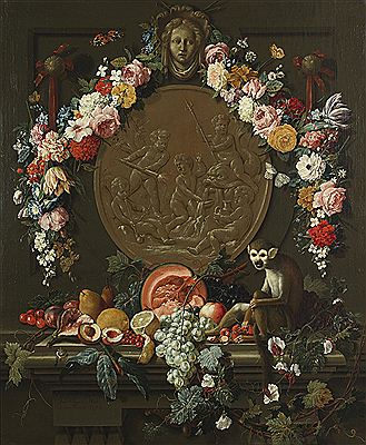 Johann Amandus Winck : A squirrel on a stone ledge with a still life of fruit, before a medallion garlanded with flowers; and A monkey seated on a stone ledge with a still life of fruit, before a medallion garlanded with flowers