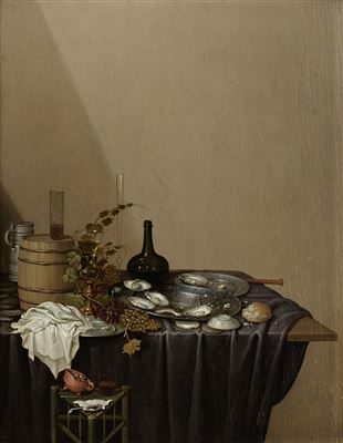 Gerrit van Vucht : A pewter dish of oysters with grapes, a roemer and bread on a draped table-top