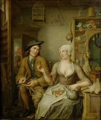 Hieronymus Van Der Mij : A man and woman smoking, drinking and cracking nuts in an interior