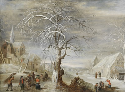 Frans de Momper : A winter landscape with travellers on a track, a village and woodcutters beyond